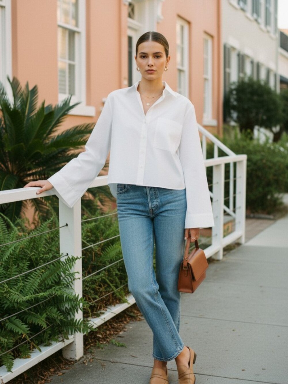 Tuckernuck Mara Cropped Button Down White S NWT Bell Sleeve Spread Collar Cotton